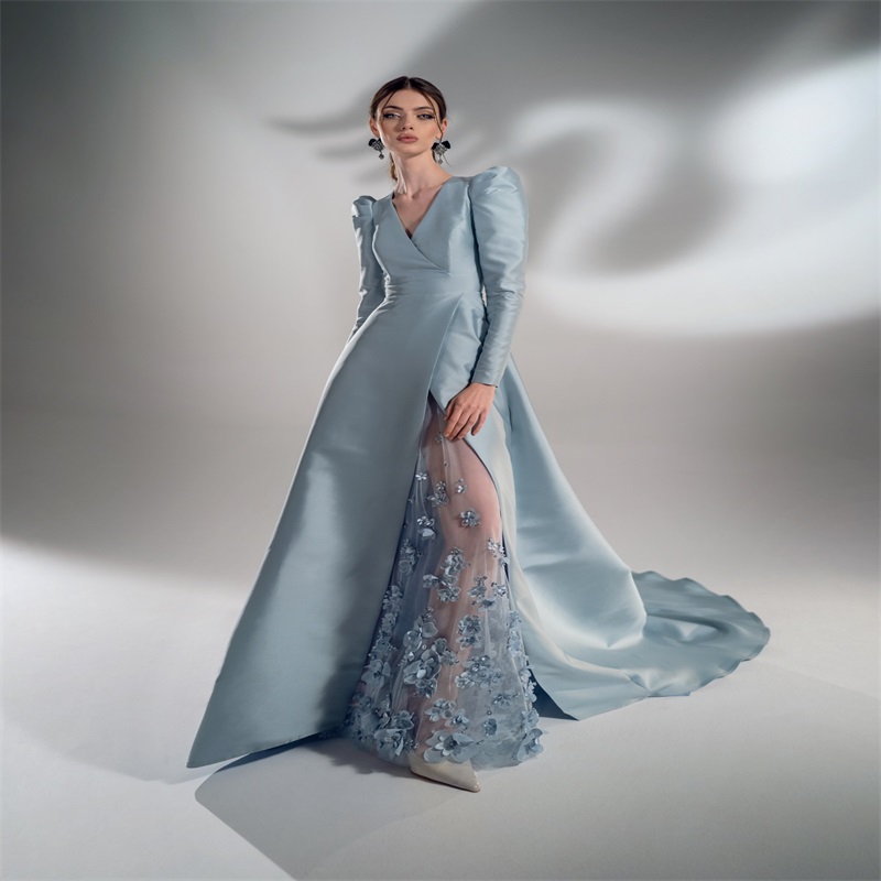 Papilio Light Sky Blue Party Dresses Ruched Satin Beads Appliqued Hand Made Flower Evening Dress Gorgeous Custom Made Hot Sale Party Gown