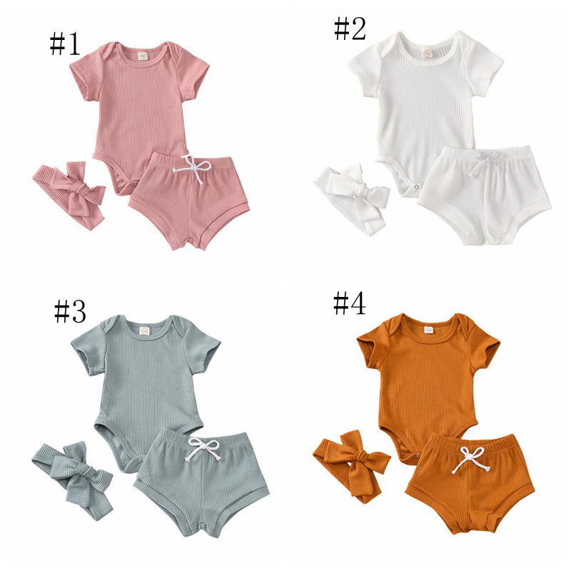 Baby Girl Clothes Set Solid Toddler Girls Rompers Shorts Headband 3pcs Sets Short Sleeve Children Outfits Boutique Summer Baby Clothing 5796