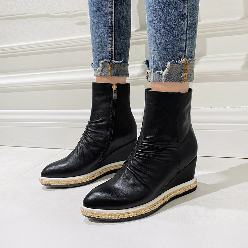 women new winter warm wedges heels ankle boots zipper high heels genuine leather short slip on boots pointed toe shoes, Black
women new winter warm wedges heels ankle boots zipper high heels genuine leather short slip on boots pointed toe shoes, Black