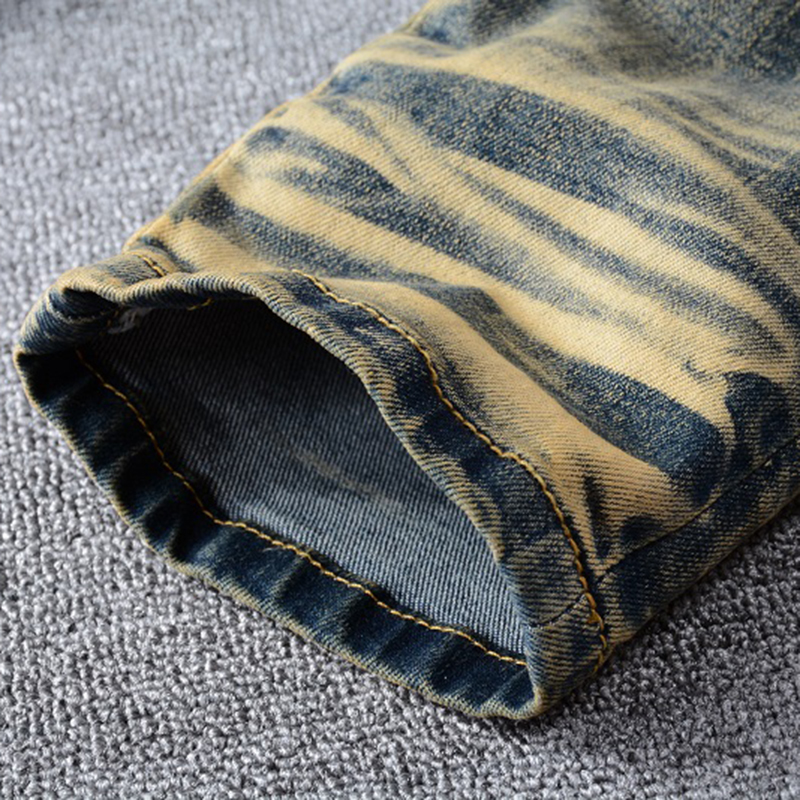 Sokotoo Men's snake embroidered retro denim jeans Slim skinny holes PU leather patchwork stretch pants MX200814