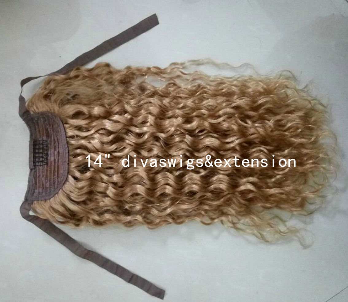 Beyonce blonde ponytail hair extension virgin human oney blonde 27 ribbon wrap pony tail hair piece deep curly virgin hair ponytail 140g