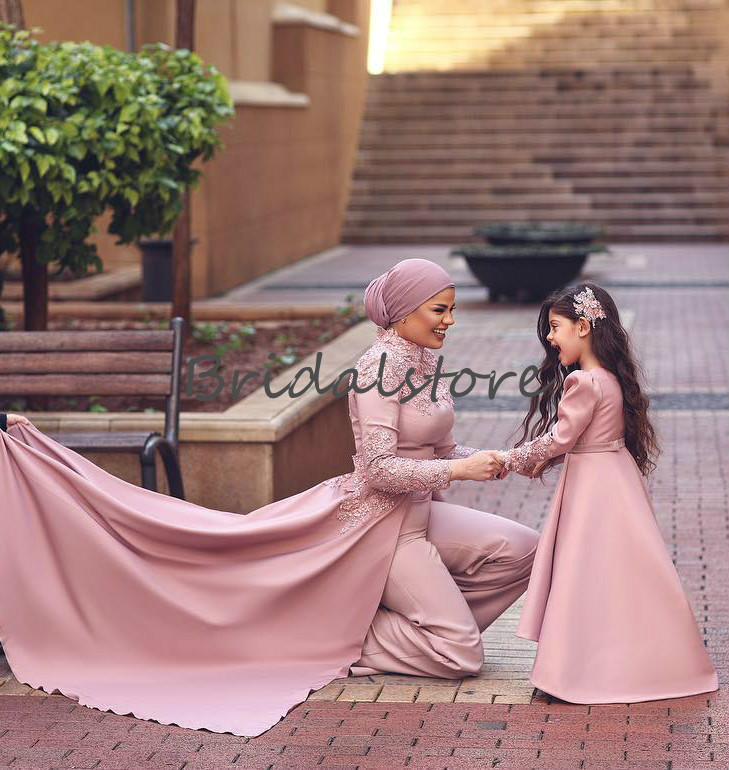 Elegant Blush Pink Evening Dresses Jumpsuit With Detachable Train Long Sleeve Muslim Evening Gown Abaya Bead Lace Prom Dress robes de soiree