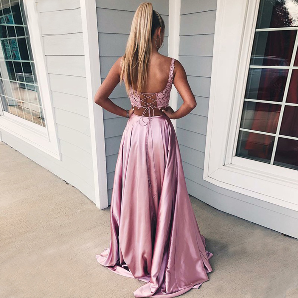 Sexy Pink Two Piece Evening Dress 2020 Slit Backless Lace Satin Prom Party Gown Abiye robe femme long dresses evening robe de