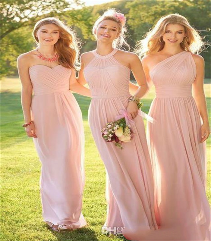 new pink cheap long bridesmaid dresses mixed neckline chiffon summer lace prom party maid of honor dresses evening dress custom made