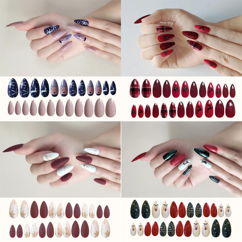 24Pcs/sheet Acrylic Full Cover Artificial Fake Nails DIY Christmas Tree Snowman Christmas Nail Art
