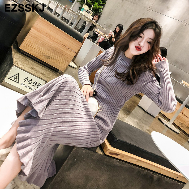 autumn winter thick mermaid maxi sweater dress women o-neck long sweater dress elegant female a-line slim sexy knit dress