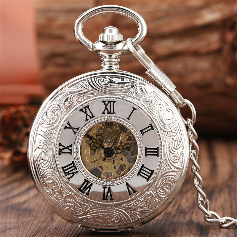 Retro Vine Silver Pocket Watch Men Women Handwinding Mechanical Timepiece Skeleton Double Hunter Pendant FOB Chain Reloj de bol249B