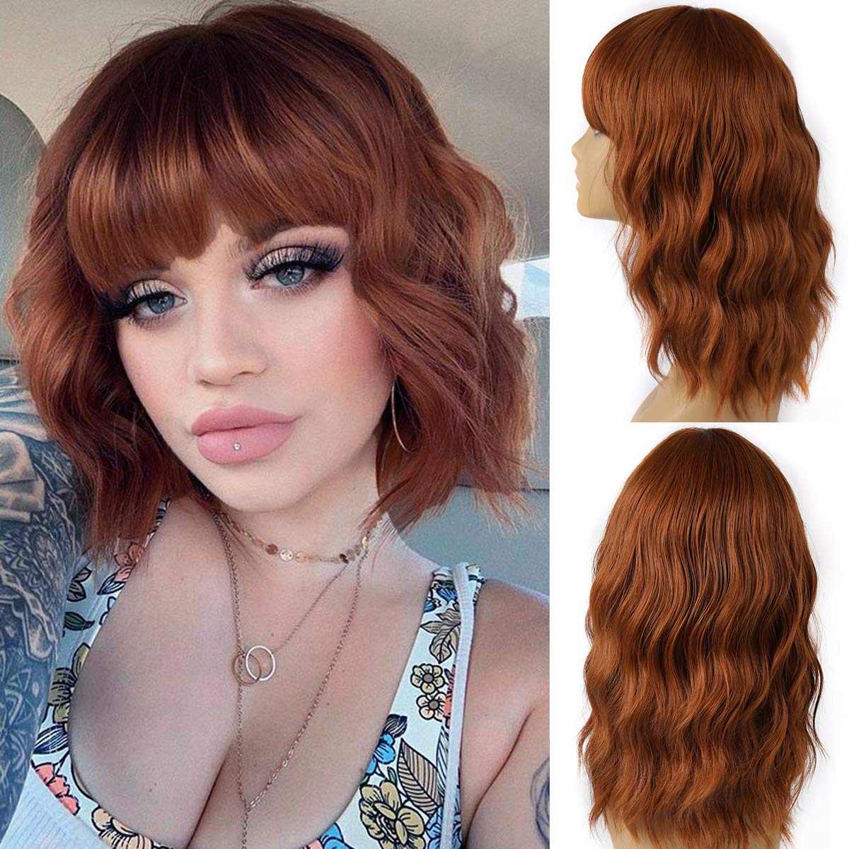 Woemns Short Wave Hair Synthetic Bob Middle Part Wig wiht Bangs Shoulder Length Fashion Wigs for Women Cosplay
