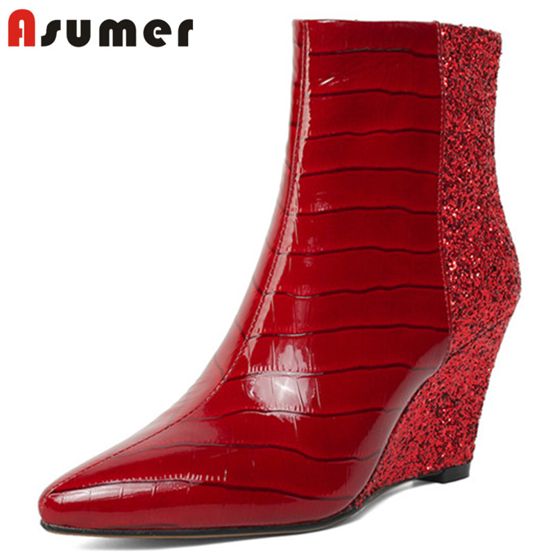 Asumer 2020 genuine leather boots Sequins pointed toe wedges shoes elegant autumn winter party wedding shoes woman ankle boots, Black not fur
Asumer 2020 genuine leather boots Sequins pointed toe wedges shoes elegant autumn winter party wedding shoes woman ankle boots, Black not fur