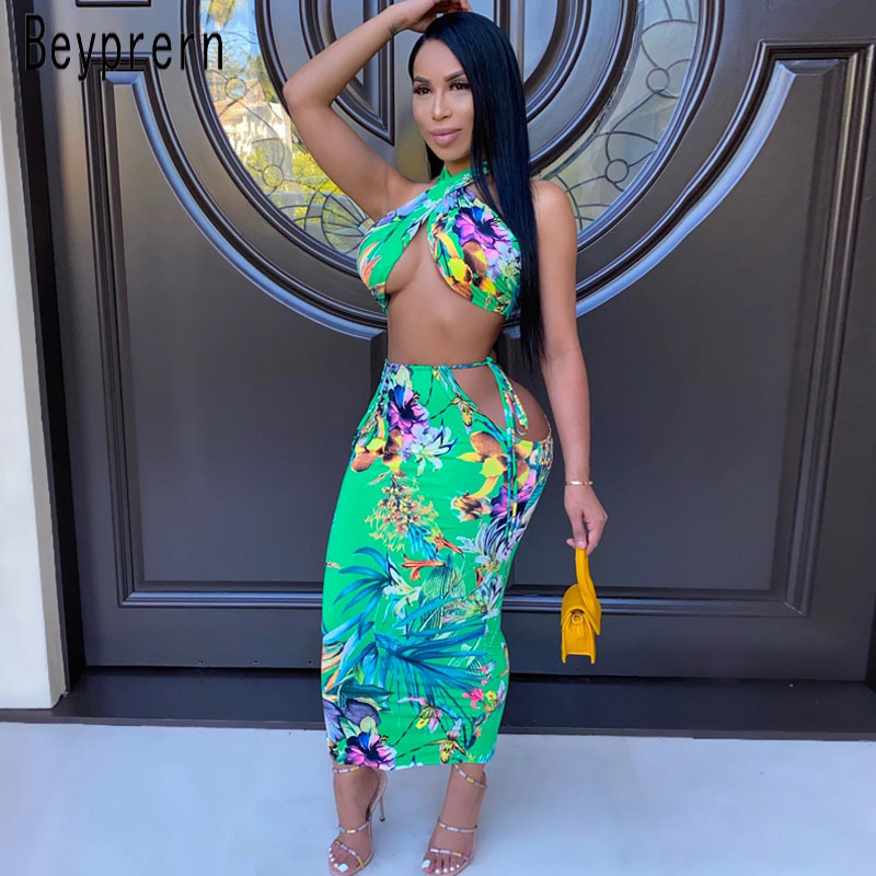 Beyprern Tropical Tied Skirt Set (Green) Womens Halter Neck Floral Crop Top And Maxi Skirt Set Two Pieces Outfits Beach Suits T200903