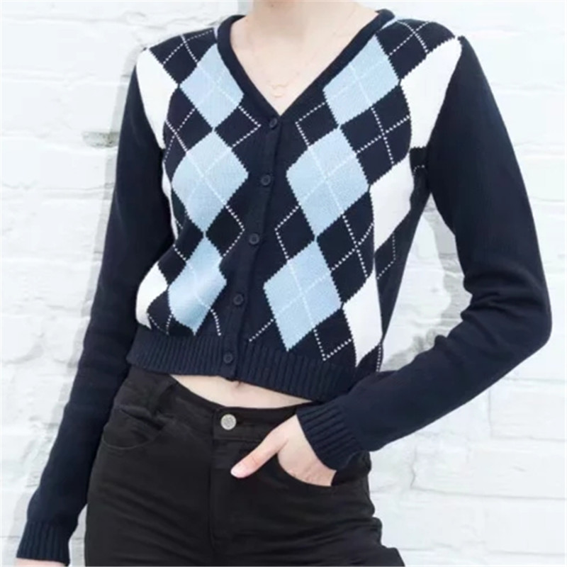 Women Cardigan Knit Sweater Vintage Stylish Geometric Pattern Slim Crop Top Fashion V-Neck England Style Long Sleeve Outerwear