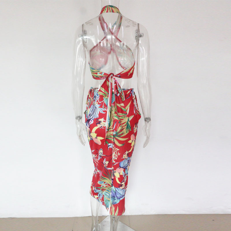 Beyprern Tropical Tied Skirt Set (Green) Womens Halter Neck Floral Crop Top And Maxi Skirt Set Two Pieces Outfits Beach Suits T200903