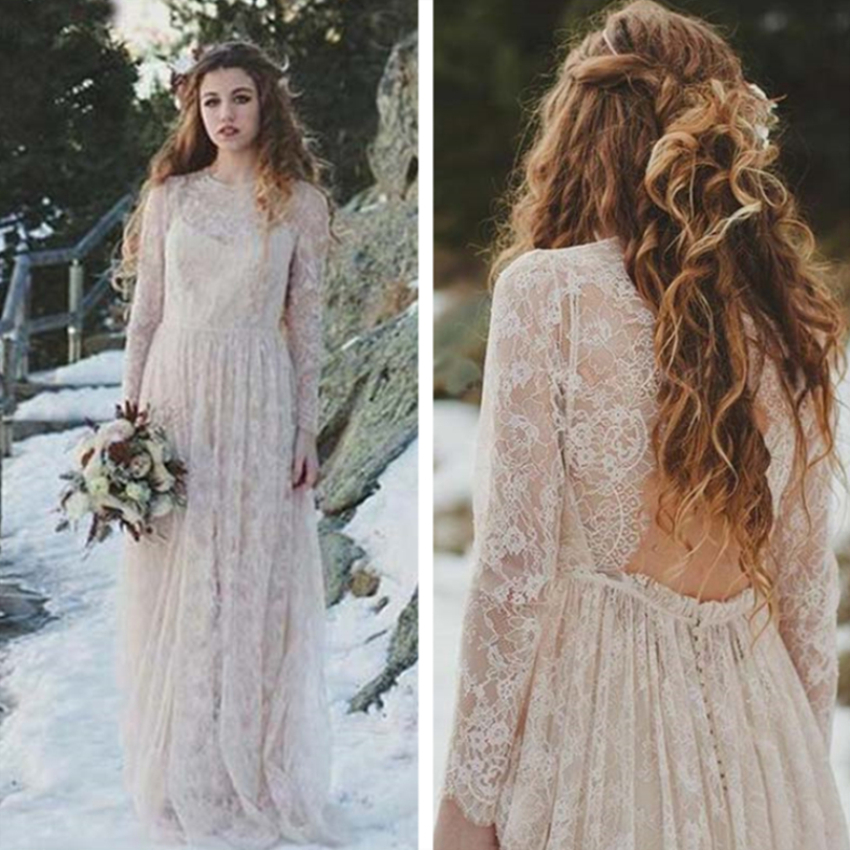 Vintage Full Beige Lace Boho beach Wedding Dresses Illusion Long Sleeve Open Back Bridal Gowns Hippie Bohemian Bride Dress vestidos de noiva