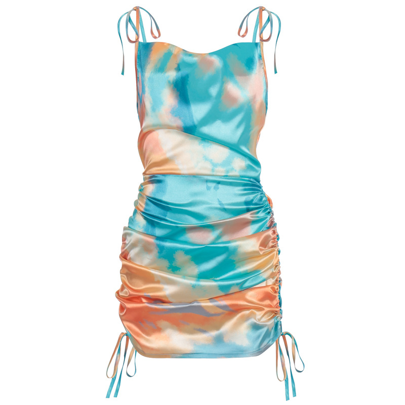 bodycon dresses Print Sexy Women Party Dresses Fashion Sleeveless Strap Drawstring Ruched Clubwear Mini Dress Bodycon Summer