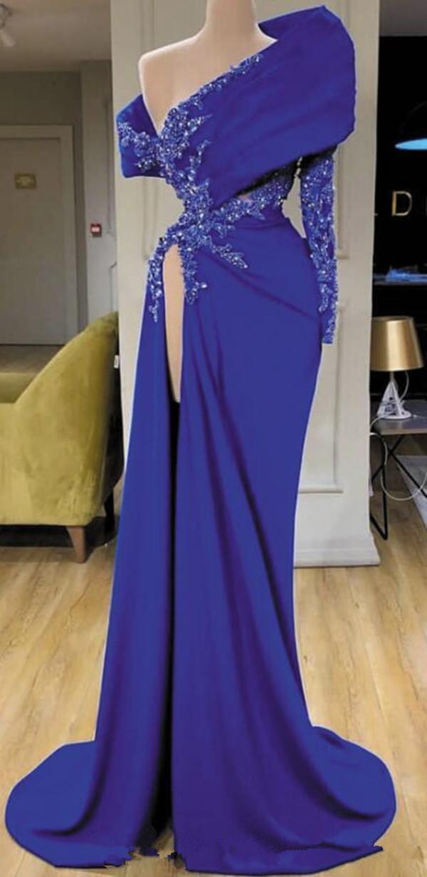 Royal Blue 2021 Evening Dresses Long Sleeves Mermaid Beaded Women High Side Split Pageant Party Prom Gowns Satin Formal Dress