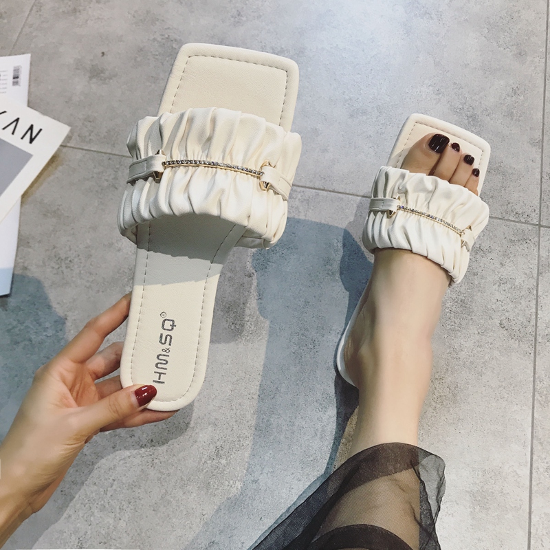 Pleated metal stripes open toe flip flops femme comfy crystal embellish folds sandalias wrinkle square toe flats sandals women, Beige
Pleated metal stripes open toe flip flops femme comfy crystal embellish folds sandalias wrinkle square toe flats sandals women, Beige