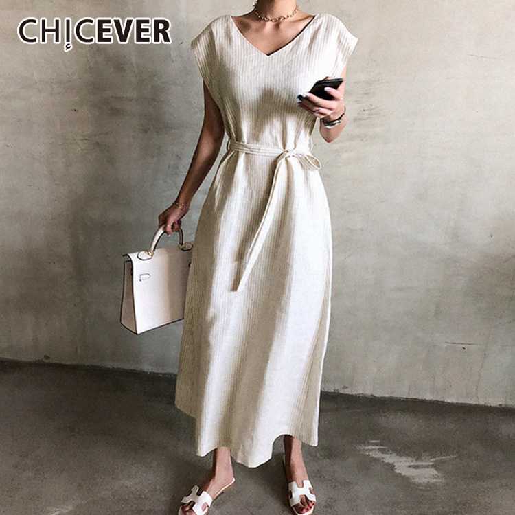 Casual Dresses CHICEVER Striped Dress Women V Neck Tank Sleeveless High Waist Lace Up Tunic Split Maxi Summer Female 2021 Clothes