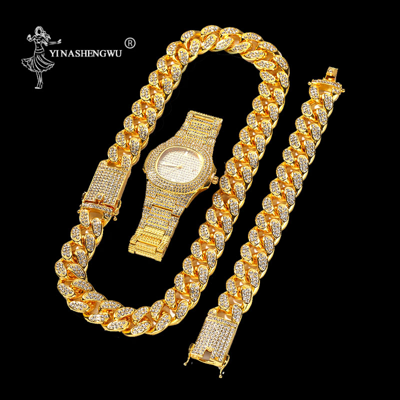 Hip Hop Gold Color Cuban Chain Necklaces+Bracelet Full Set Luxury Combination Of Watch & Necklace 2CM Width For Men Rapper Gift
Hip Hop Gold Color Cuban Chain Necklaces+Bracelet Full Set Luxury Combination Of Watch & Necklace 2CM Width For Men Rapper Gift
