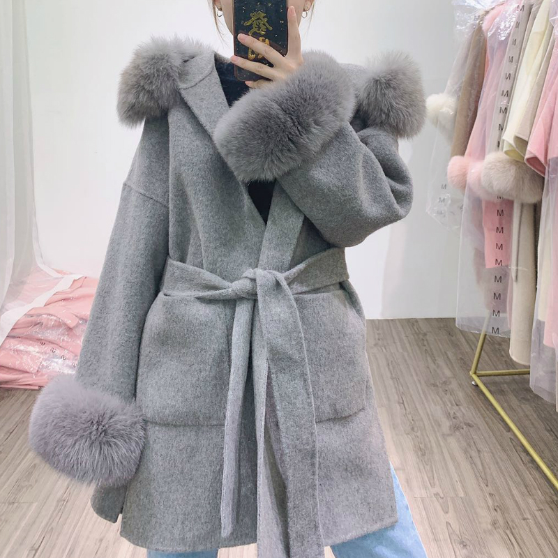 OFTBUY Real Fur Coat Winter Jacket Women Natural Fox Fur Collar Pocket Cuffs Hood Cashmere Wool Woolen Oversize Ladies Outerwear
