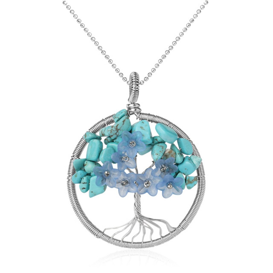Tree of Life Pendant Necklace Natural Stone Silver Color Wire Wrap Quartz Crystal Chip Bead Flower Reiki Jewelry Women