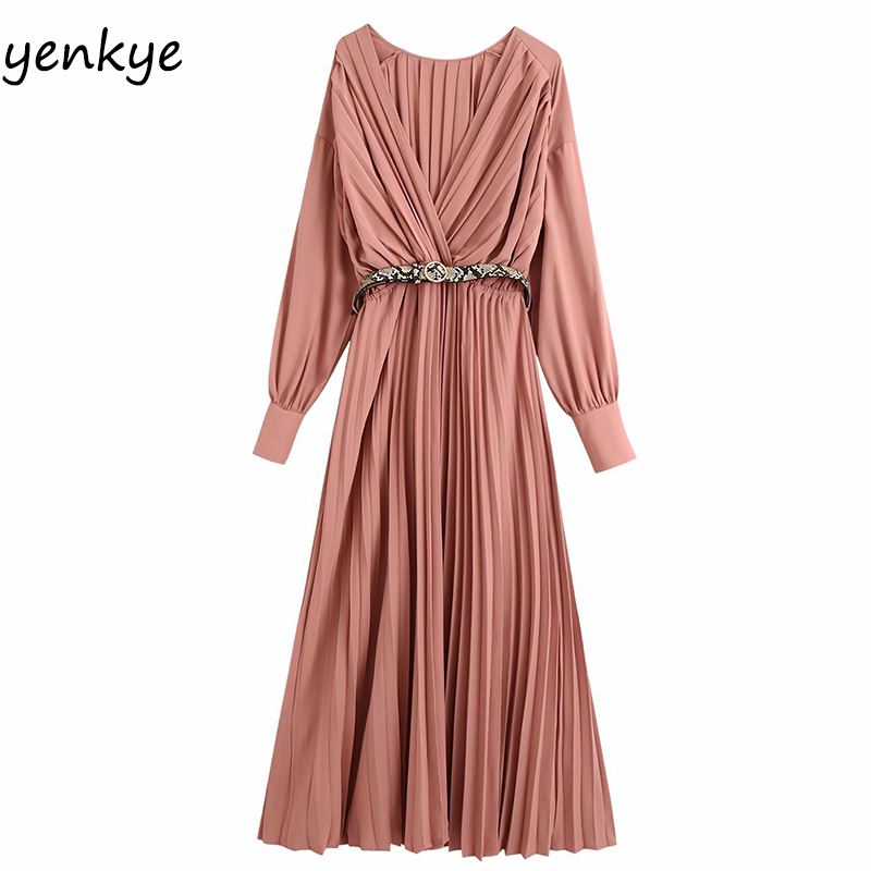 Vintage Autumn Dress Women Solid Color With Belt Pleated Dress Female Long Sleeve Sexy V Neck Casual Long Maxi vestido, As pic
Vintage Autumn Dress Women Solid Color With Belt Pleated Dress Female Long Sleeve Sexy V Neck Casual Long Maxi vestido, As pic
