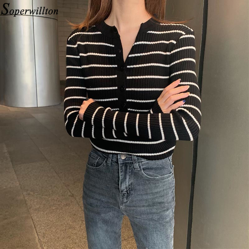 Women Crop Top Long Sleeve T Shirt Striped Short Sexy T-shirt Feminina Knitted Tshirt Streetwear Female Clothes Black T1