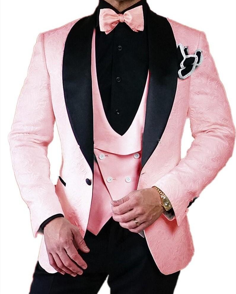 Fashion Black Embossing Groom Tuxedos Shawl Lapel Groomsman Wedding Tuxedos Men Prom Jacket Blazer 3 Piece Suit(Jacket+Pants+Tie+Vest) 64