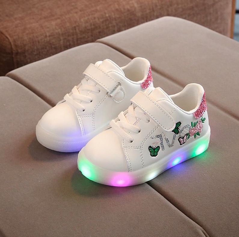 Children Baby Girls Boys Flower Butterfly Led Light Luminous Sport Shoes