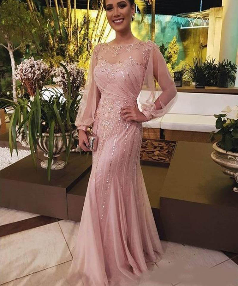 Elegant Jewel Mermaid Evening Dresses Lace Applique Sequins Tulle Long Sleeves Evening Dress Pageant Gowns Custom Made Evening Gown