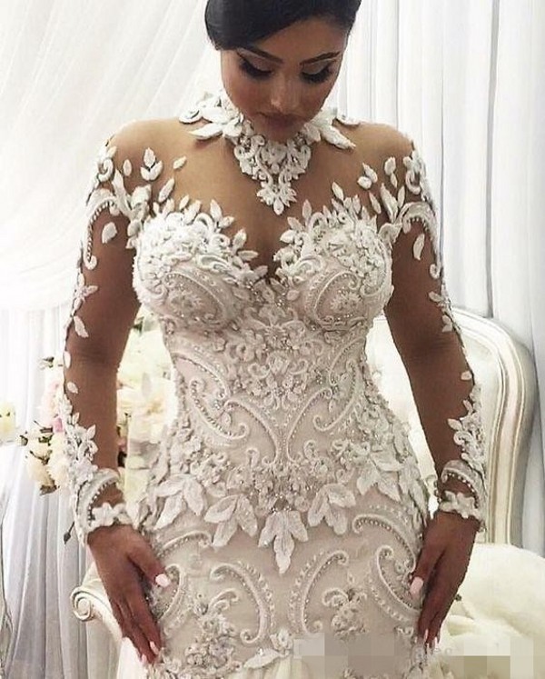 Long Dresses Beading Mermaid Sleeves Lace Applique High Neck Sweep Train Custom Made Covered Buttons Wedding Gown