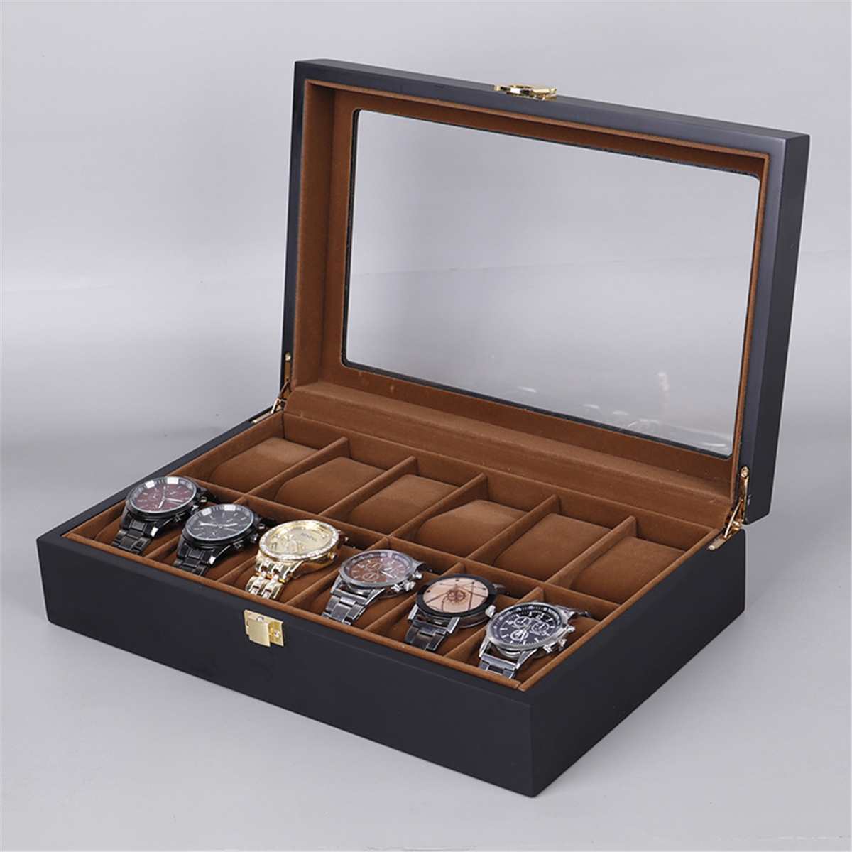 6/10/12 Grids Watch box Wooden Glass Box glasses Case Storage Organizer Luxury Jewelry Display Multifunctio Box Watch Black CX200807