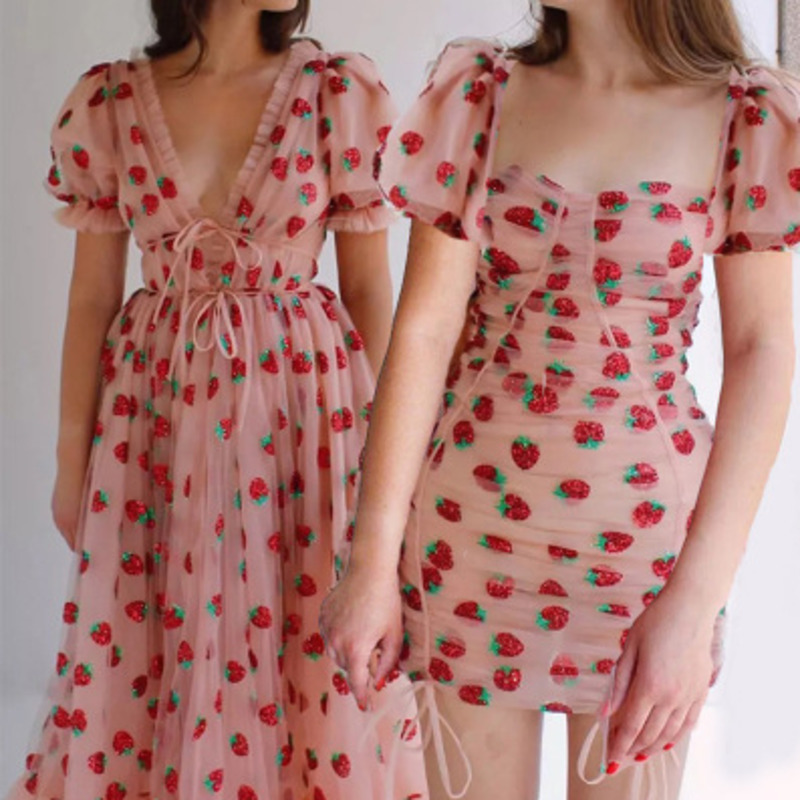 Women's Strawberry Dress Sweet Mesh Vestidos Autumn 2020 Sexy V Neck Puff Sleeve Dress Pleated Patchwork Lace Up Party Dresses T200827