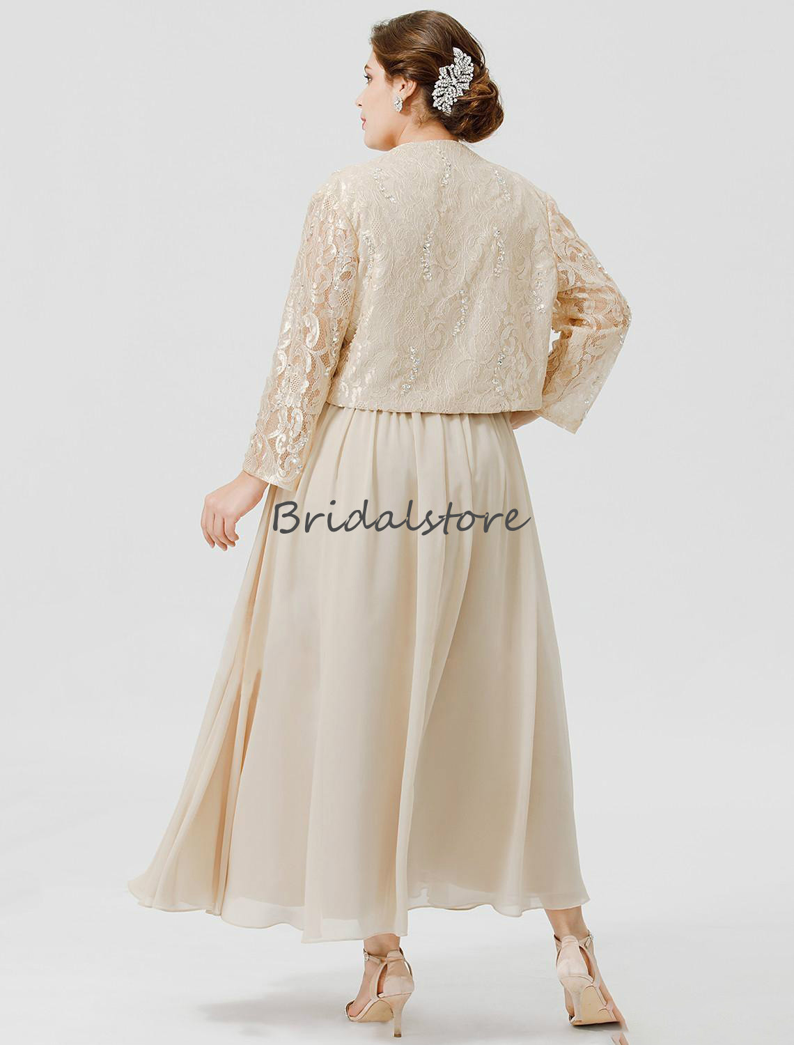 Plus Size Two Piece Mother Of The Bride Dresses Outfits Champagne A Line Ankle Length Chiffon Lace Beaded Mom Evening Dress With Jacket