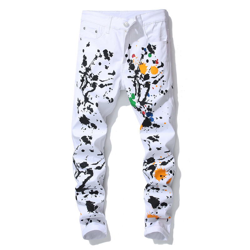 New trendy slim fit stretch men's white oil paint casual trousers ink painted graffiti pencil pants for men hip hop stage style, 903
New trendy slim fit stretch men's white oil paint casual trousers ink painted graffiti pencil pants for men hip hop stage style, 903