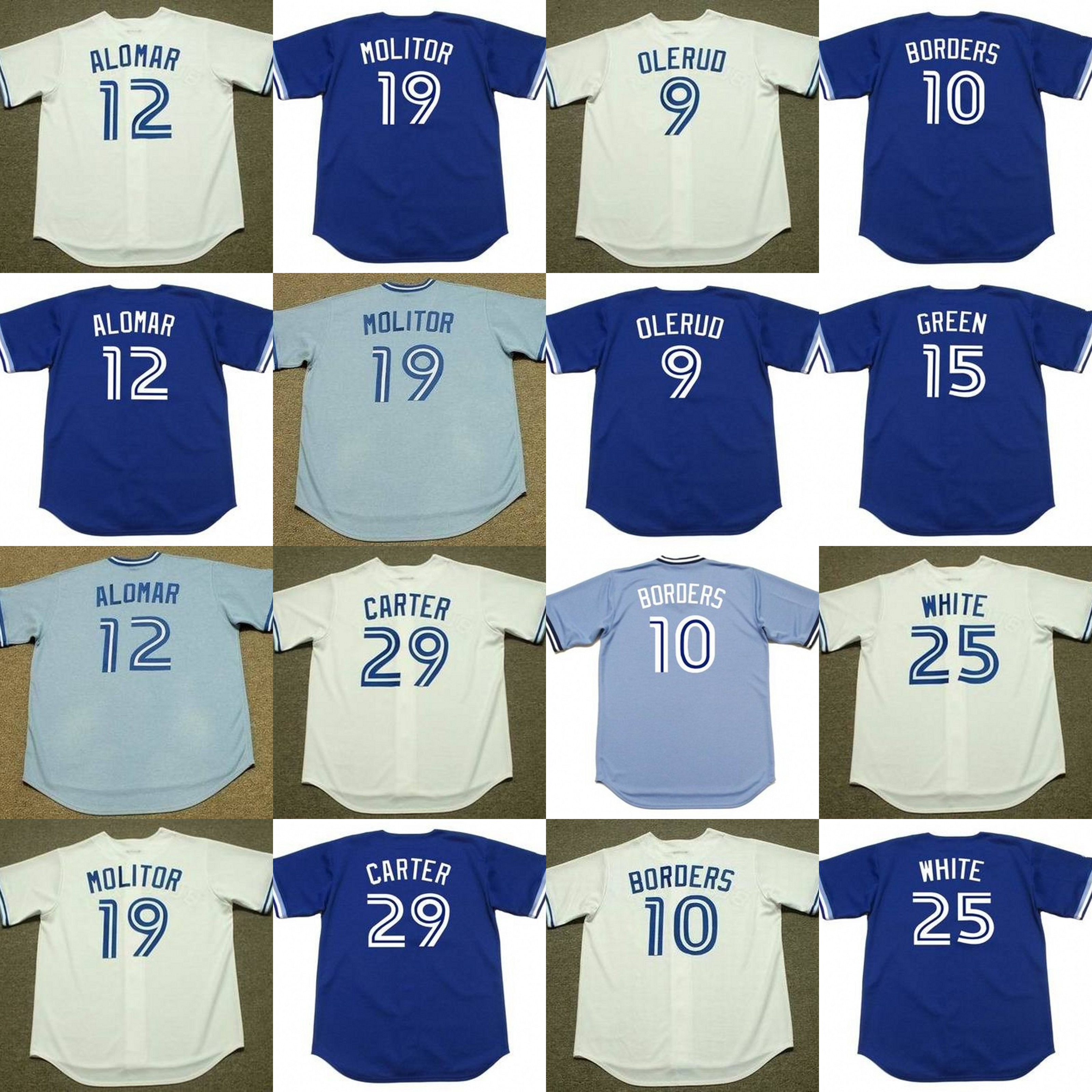 

Toronto Blue ROBERTO ALOMAR PAUL MOLITOR JOE CARTER PAT BORDERS JOHN OLERUD SHAWN GREEN DEVON WHITE throwback Baseball Jersey, 19 paul molitor