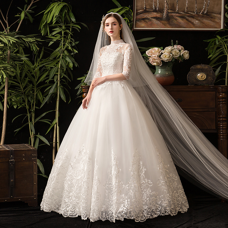 Half Sleeve wedding Dress with 100cm Train Vestido De Novia New Winter vintage High Neck Backless Lace Ball Gown Plus Size