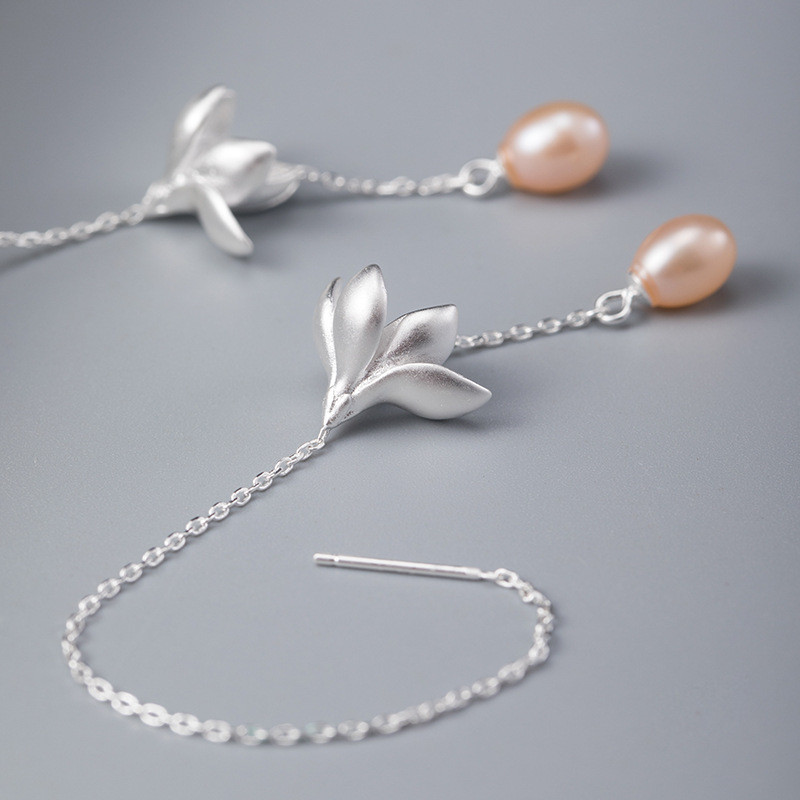 100% 925 Sterling Silver Long Chain Tassel Flower Earrings Female Natural Freshwater Pearl Dangle Drop Earring For Women