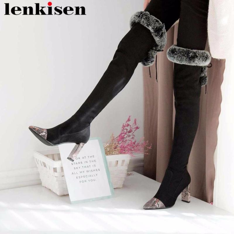 Lenkisen fur sexy snake skin patter pointed toe high heels luxury high quality runway woman winter thigh boots L06, Black
Lenkisen fur sexy snake skin patter pointed toe high heels luxury high quality runway woman winter thigh boots L06, Black