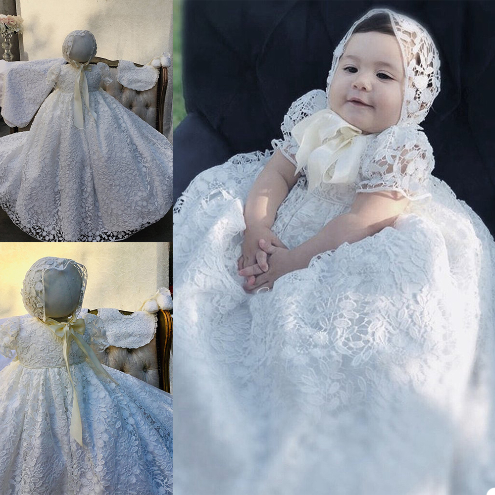2021 Cute Baby Christening Gowns For Little Girls Lace Flowers Appliqued Pearls Baptism Dresses With Bonnet First Communication Dress