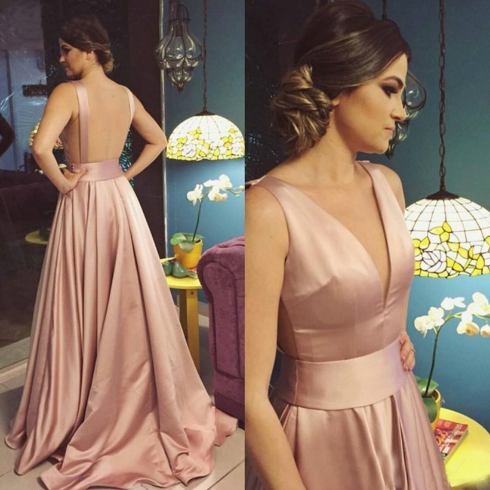 BeryLove Pink Champagne Flowing Soft Satin Evening Dress V neck Tight Waist Open Back Formal Party Gown TrainRobe de soiree