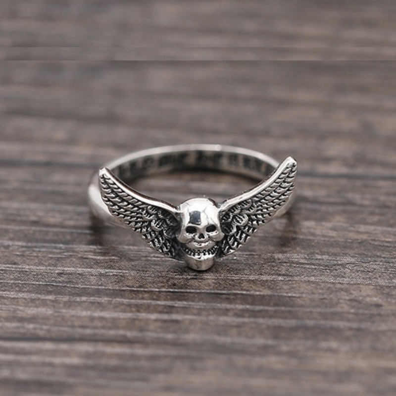 Vintage style 925 sterling silver handmade jewelry American European designer antique silver skull wing band rings for women free shipping