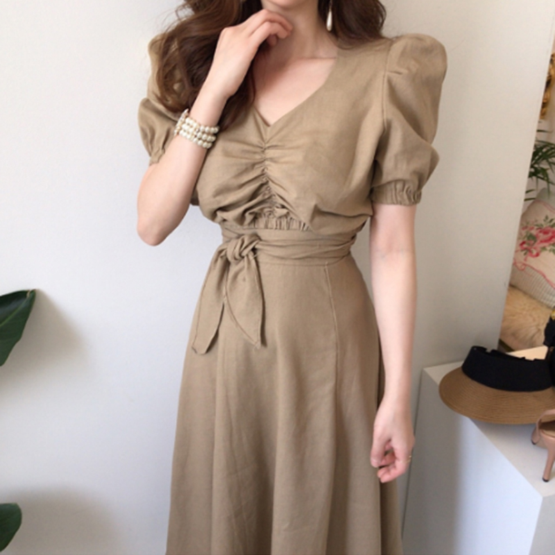 Gaganight Vintage Women Two Pieces Set Ruched Short Blouse Lace Up Long Solid Skirt Fashion Summer Lady Suit Korean 2 Pieces Set