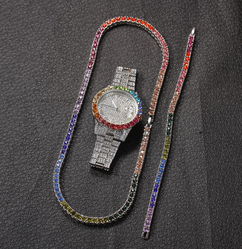 Single row crystal hip hop color zircon Gold Silver Men Watch & Necklace & Bracelet Set Hip Hop Three piece set Holiday gift