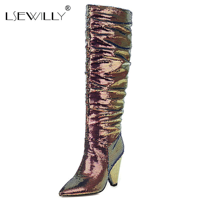 Lsewilly New Brand Big Size 34-48 women shoes Slip-On Sequined Colth Pleated Chunky Heels Pinted Toe Keen High Boots, Black
Lsewilly New Brand Big Size 34-48 women shoes Slip-On Sequined Colth Pleated Chunky Heels Pinted Toe Keen High Boots, Black