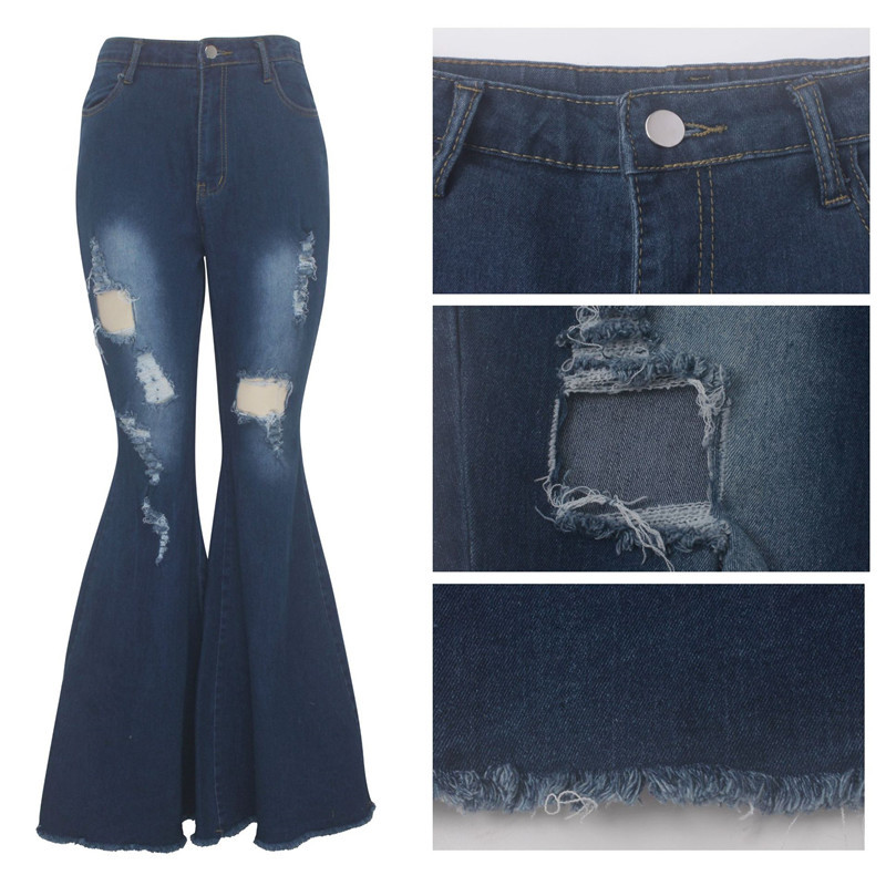 Tsuretobe Autumn Plus Size Flare Pants Women Ripped Jeans Fashion High Waist Wide Leg Pants Casual Bell-Bottoms Jeans Trousers CX200821