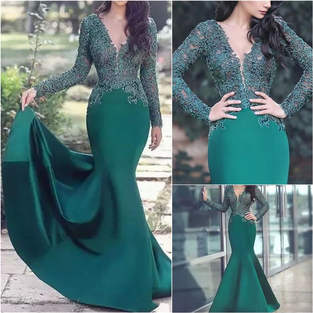 New Green Muslim Evening Dresses V-neck Mermaid Long Sleeves Lace Islamic Dubai Saudi Arabic Elegant Long Formal Evening Gown