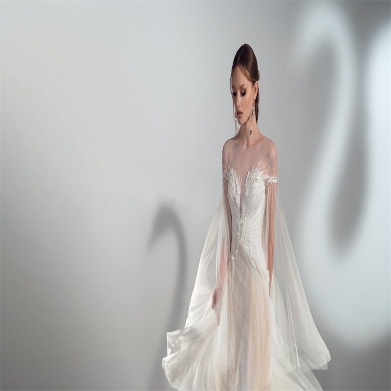 2025 Newest Papilio A-line Gorgeous Wedding Dresses Illusion Long Sleeves Appliqued Ruched Tulle Bridal Gown Church Vestido de novia