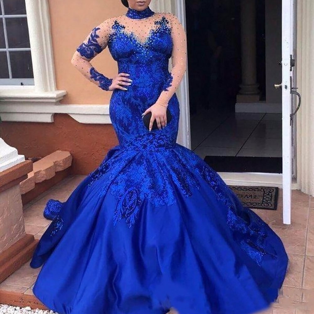 New Customize Royal Blue Evening Dresses High Neck Long Sleeves Lace Appliques Evening Gowns Plus Size Satin Mermaid Formal Wear