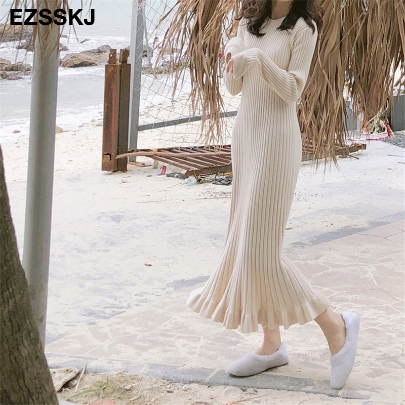 autumn winter thick mermaid maxi sweater dress women o-neck long sweater dress elegant female a-line slim sexy knit dress
