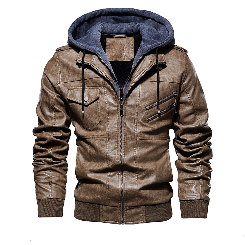 Mens Leather Jacket 2020 New Motorcycle Bomber Jackets Men Winter Warm PU Leather Coat with Removable Hood Outerwear Jackets Men CX200817